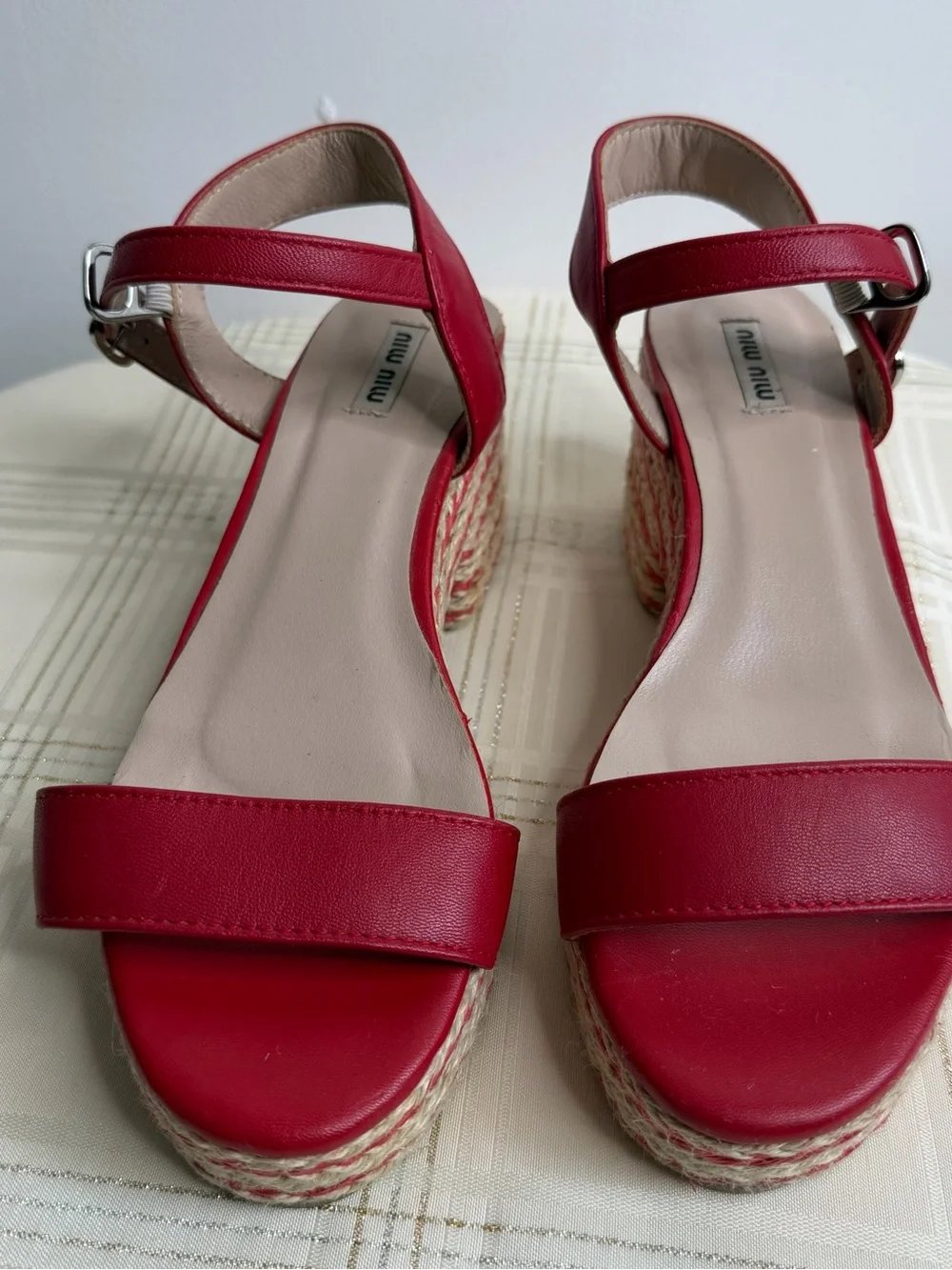 Miu Miu Red Leather Espadrille Platform Sandals
